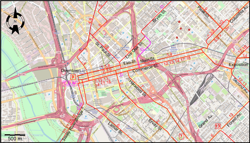 Dallas centre 1940 tram map