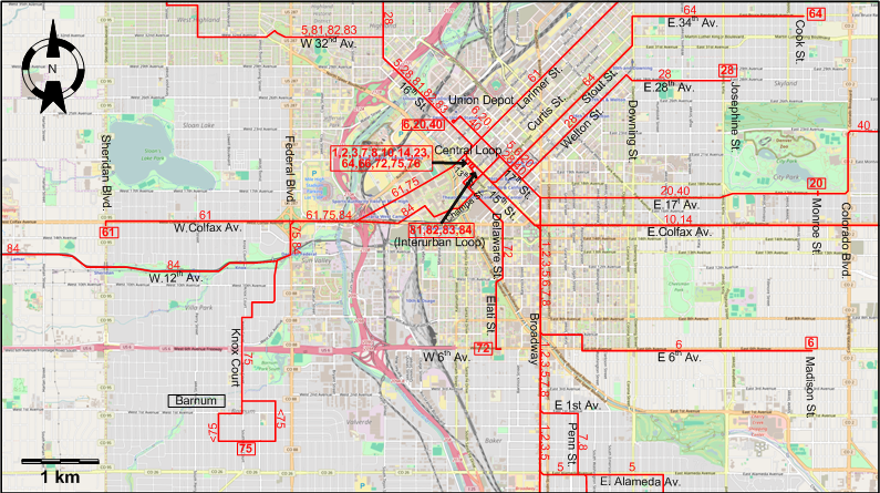Denver downtown streetcar map – 1946