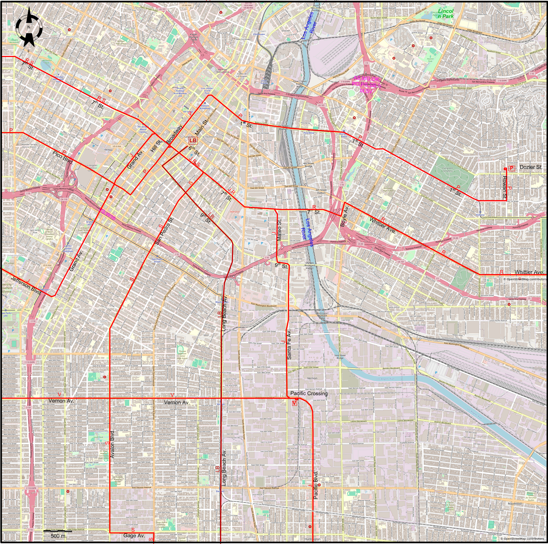 Los Angeles central part streetcar map – 1961