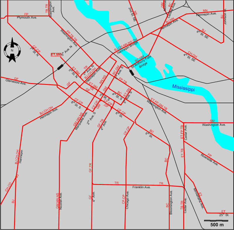 Minneapolis downtown tram map –  1947