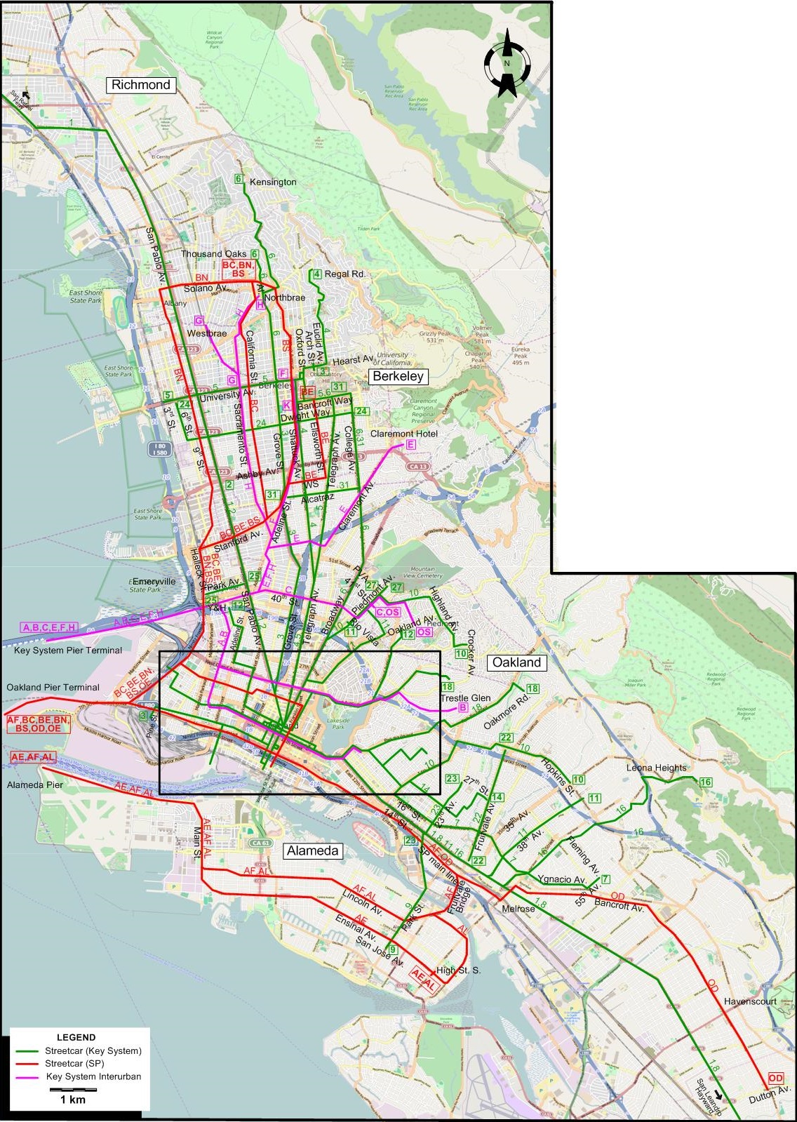 San Francisco East Bay 1932 tram map