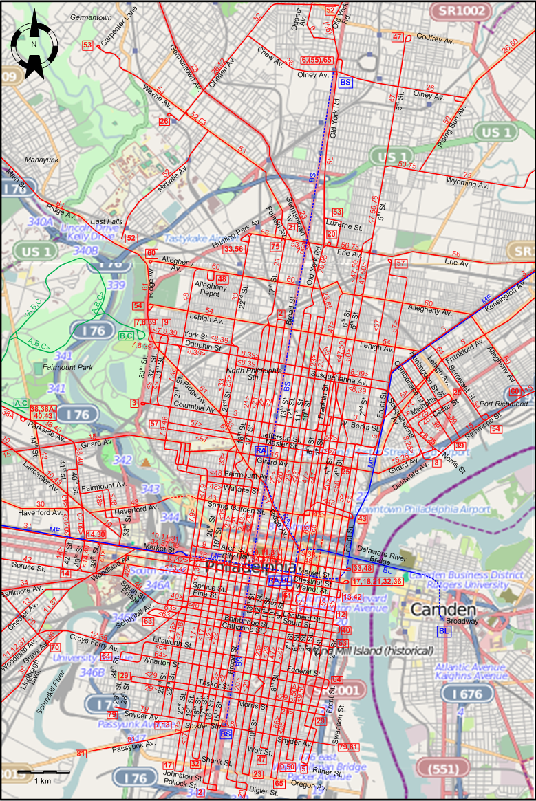 Philadelphia downtown tram map – 1940