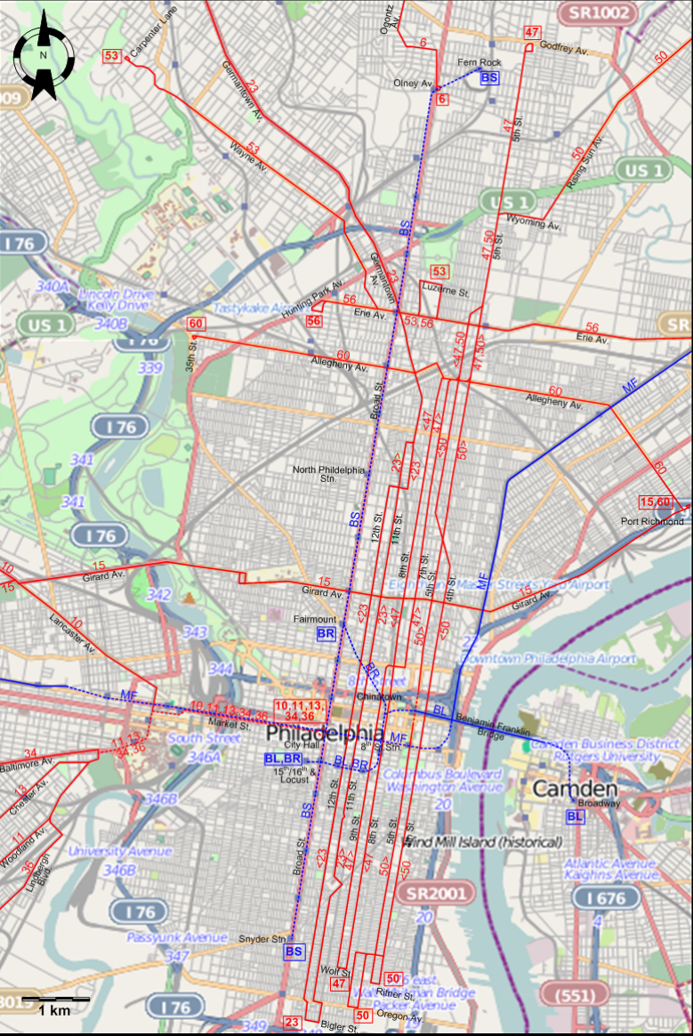 Philadelphia downtown tram map –  1963