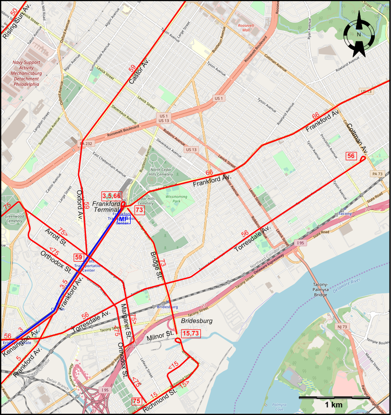 Philadelphia Northeast tram map – 1940