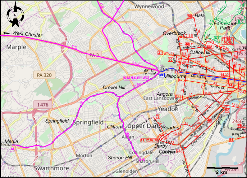 Philadelphia West tram map – 1940