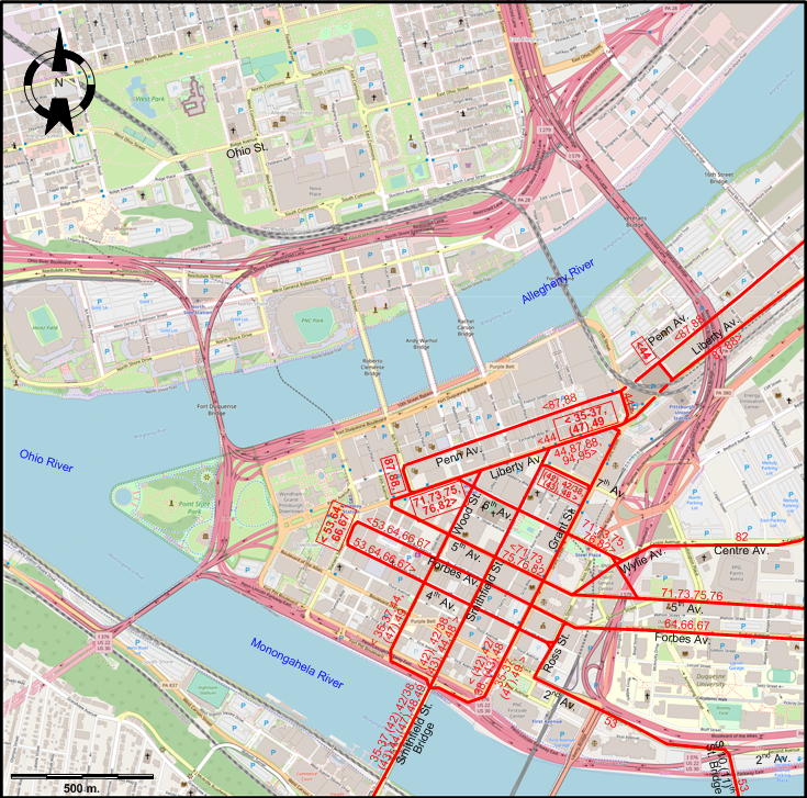 Downtown Pittsburgh streetcar map – 1967