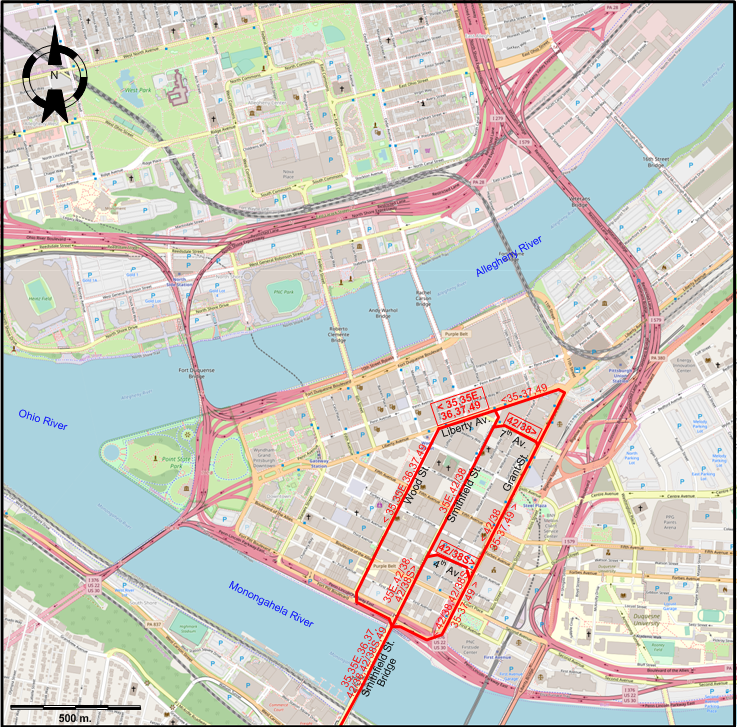 Downtown Pittsburgh streetcar map – 1973