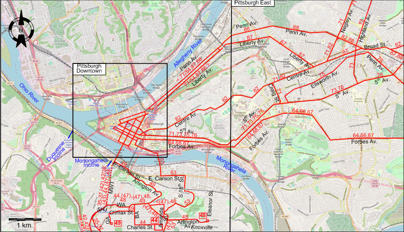 Central Pittsburgh streetcar map – 1967