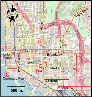 San Diego downtown tram map –  1940