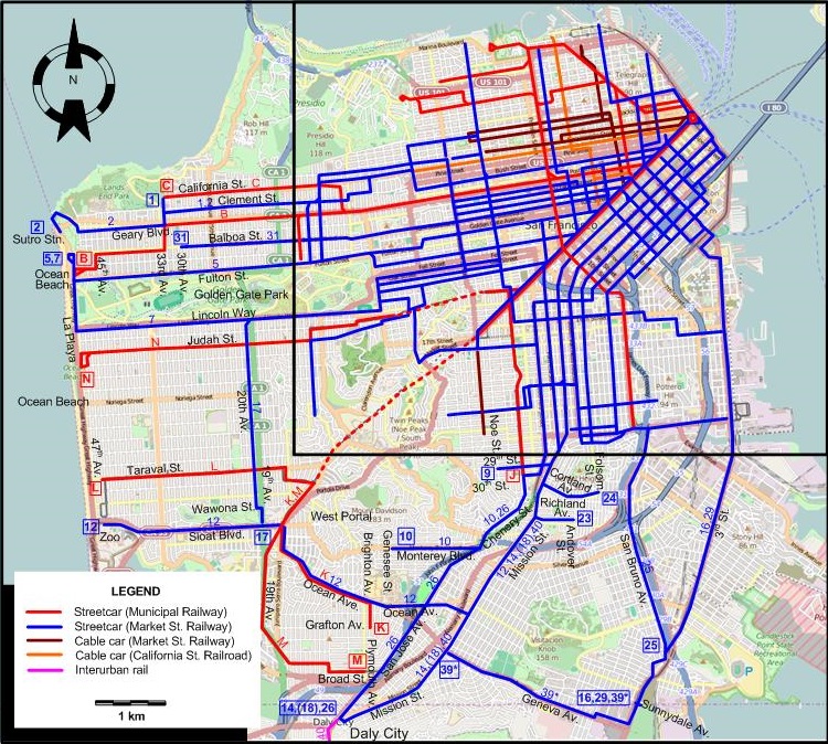 San Francisco tram map - 1932