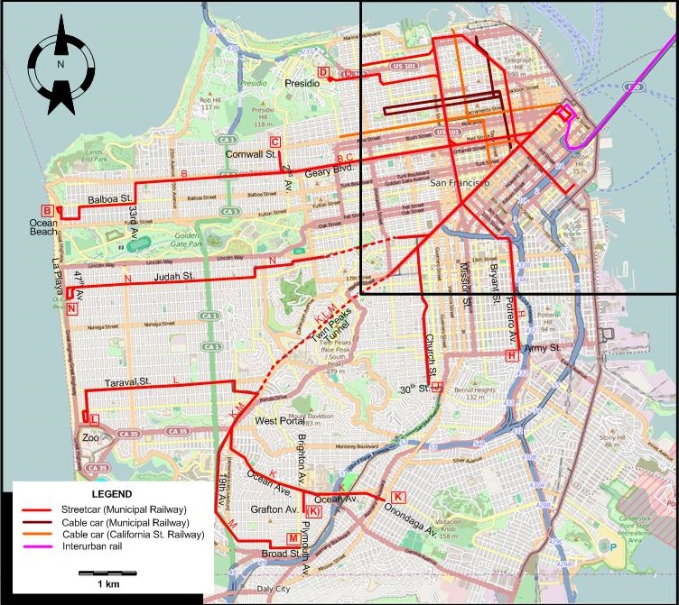 San Francisco tram map - 1950