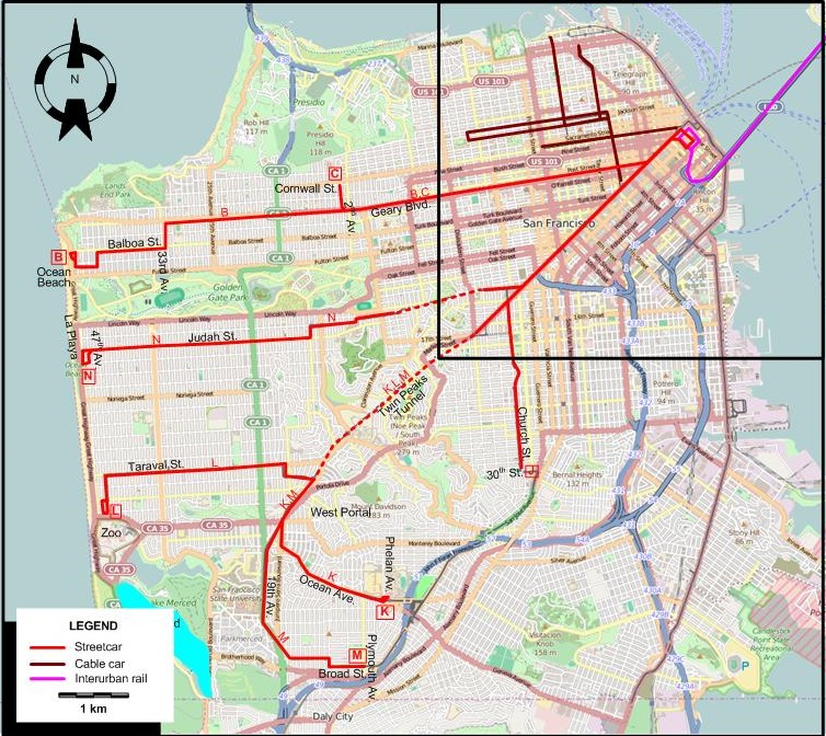 San Francisco tram map - 1955