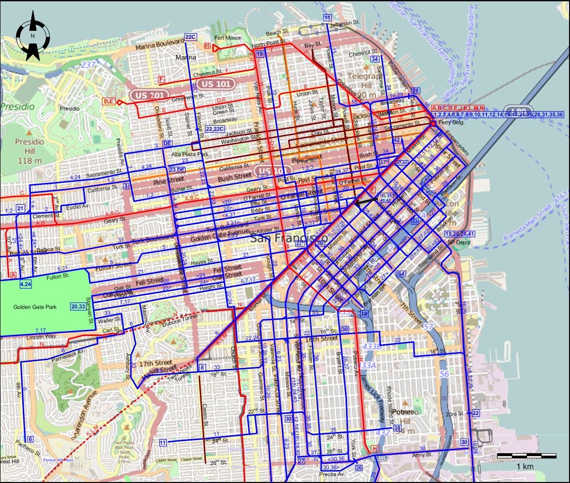 San Francisco 1932 downtown tram map