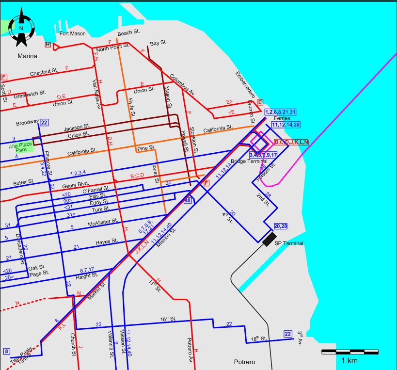 San Francisco 1944 downtown tram map