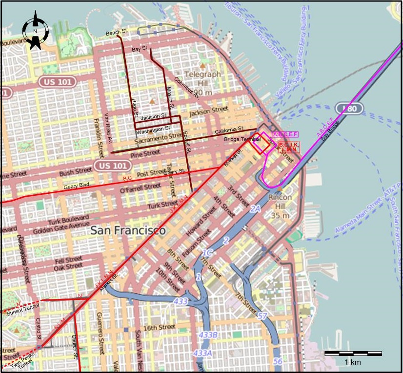 San Francisco 1955 downtown tram map