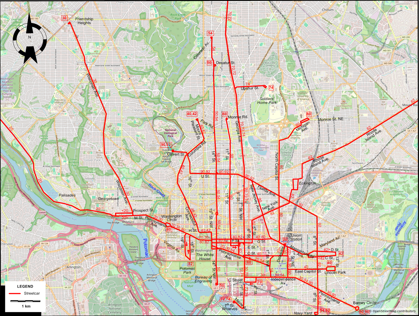 Washington 1958 streetcar map