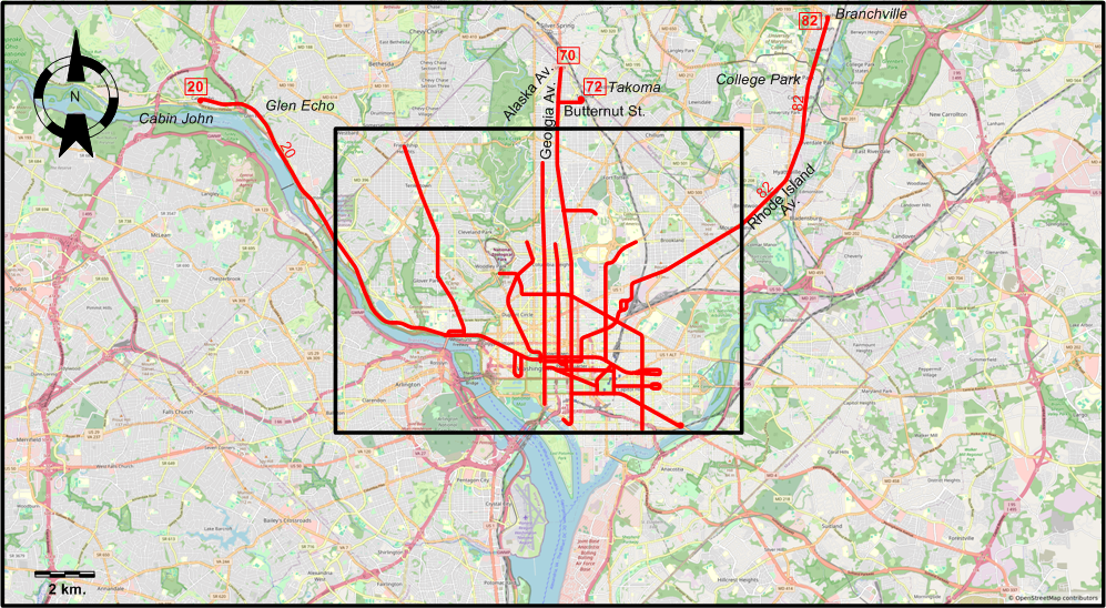 Extended Washington area 1958 streetcar map